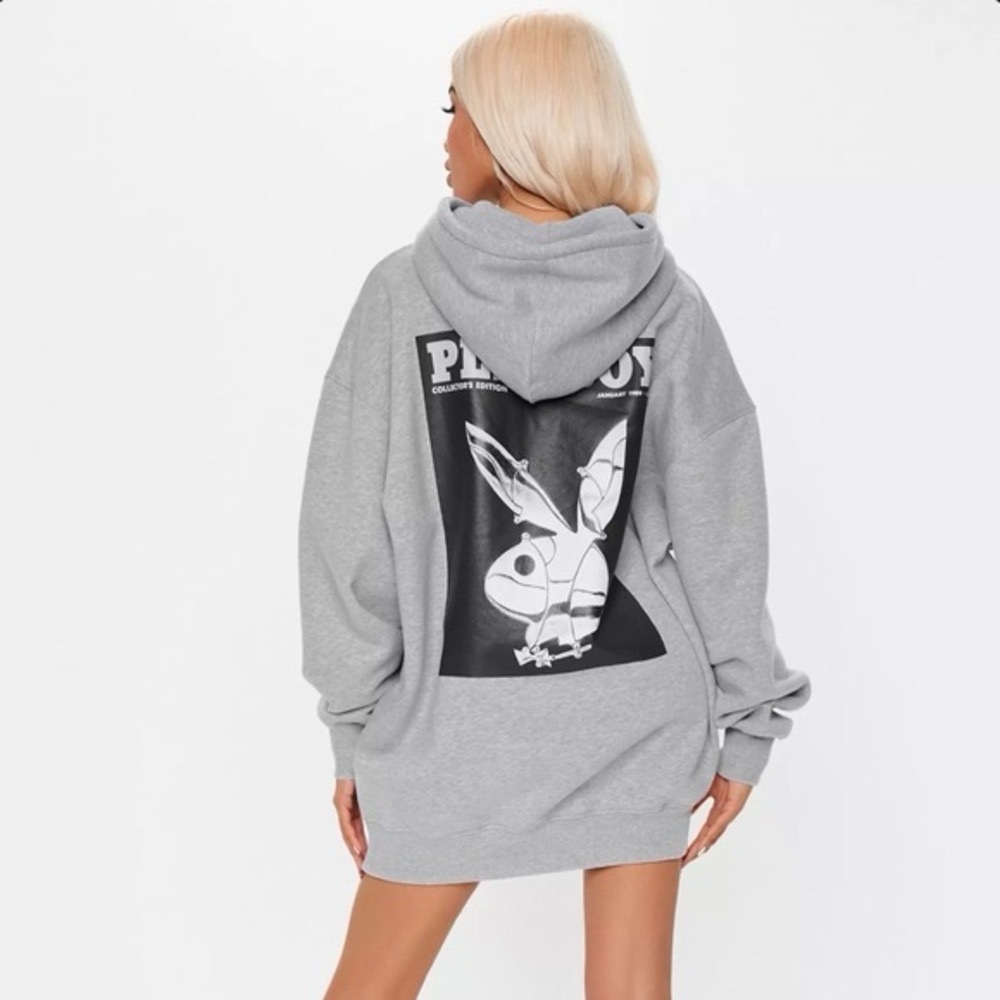 Tall Playboy X Missguided Gray Oversized Bunny Print Hoodie Dress
